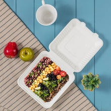 Load image into Gallery viewer, 9 inch White Compostable & Disposable Sugarcane Clamshell Containers, 300 Pack