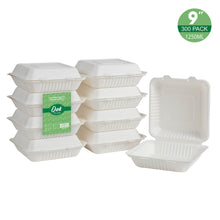 Load image into Gallery viewer, 9 inch White Compostable & Disposable Sugarcane Clamshell Containers, 300 Pack