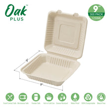 Load image into Gallery viewer, 9 inch Natural Compostable & Disposable Sugarcane Clamshell Containers, 300 Pack