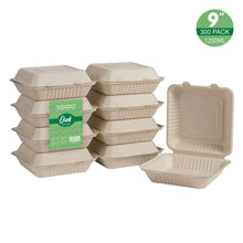 Load image into Gallery viewer, 9 inch Natural Compostable & Disposable Sugarcane Clamshell Containers, 300 Pack