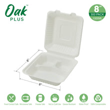 Load image into Gallery viewer, 8 inch White Compostable & Disposable Sugarcane Sectional Clamshell Containers, 300 Pack
