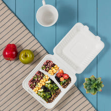 Load image into Gallery viewer, 8 inch White Compostable & Disposable Sugarcane Sectional Clamshell Containers, 300 Pack