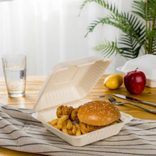 Load image into Gallery viewer, 8 inch Natural Compostable & Disposable Sugarcane Sectional Clamshell Containers, 300 Pack