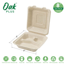 Load image into Gallery viewer, 8 inch Natural Compostable & Disposable Sugarcane Sectional Clamshell Containers, 300 Pack