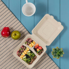 Load image into Gallery viewer, 8 inch Natural Compostable & Disposable Sugarcane Sectional Clamshell Containers, 300 Pack