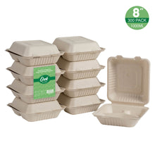 Load image into Gallery viewer, 8 inch Natural Compostable & Disposable Sugarcane Sectional Clamshell Containers, 300 Pack