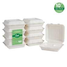 Load image into Gallery viewer, 10 inch White Compostable & Disposable Sugarcane Sectional Clamshell Containers, 300 Pack