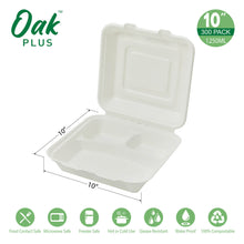 Load image into Gallery viewer, 10 inch White Compostable & Disposable Sugarcane Sectional Clamshell Containers, 300 Pack