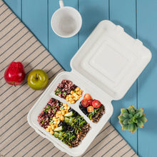 Load image into Gallery viewer, 10 inch White Compostable & Disposable Sugarcane Sectional Clamshell Containers, 300 Pack