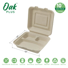 Load image into Gallery viewer, 10 inch Natural Compostable & Disposable Sugarcane Sectional Clamshell Containers, 300 Pack