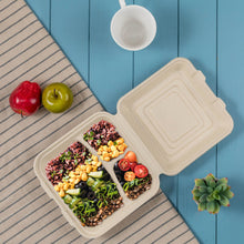 Load image into Gallery viewer, 10 inch Natural Compostable & Disposable Sugarcane Sectional Clamshell Containers, 300 Pack