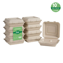 Load image into Gallery viewer, 10 inch Natural Compostable & Disposable Sugarcane Sectional Clamshell Containers, 300 Pack