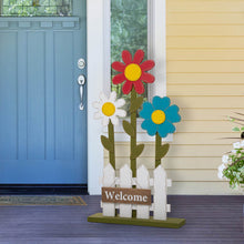 Load image into Gallery viewer, 35.75"H Wooden Trio Flowers and Fence Welcome Porch Décor