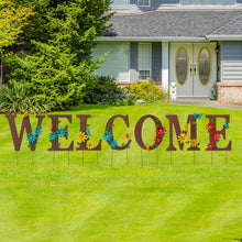 Load image into Gallery viewer, 25.5"H Metal WELCOME with Flowers Yard Stakes or Wall Decor, Set of 7