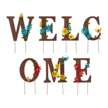 Load image into Gallery viewer, 25.5"H Metal WELCOME with Flowers Yard Stakes or Wall Decor, Set of 7
