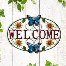 Load image into Gallery viewer, 23.75"L Whimsical Metal Sunflower and Butterfly Welcome Wall Decor