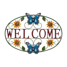 Load image into Gallery viewer, 23.75"L Whimsical Metal Sunflower and Butterfly Welcome Wall Decor