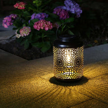 Load image into Gallery viewer, 8.75"H Metal Cutout Solar Powered Outdoor Hanging Lantern