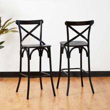 Load image into Gallery viewer, 43"H Black Steel Bar Stool with X Shaped Back and Solid Elm Wood Seat, Set of 2