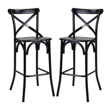 Load image into Gallery viewer, 43"H Black Steel Bar Stool with X Shaped Back and Solid Elm Wood Seat, Set of 2