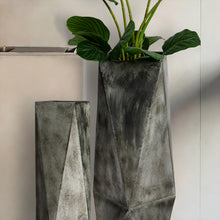 Load image into Gallery viewer, Set of 2 Metal Geometric Antique Silver Floor Vases
