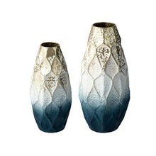 Load image into Gallery viewer, Set of 2 Abstract Ombre  Blue and Gold Metal Vases
