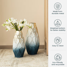 Load image into Gallery viewer, Set of 2 Abstract Ombre  Blue and Gold Metal Vases
