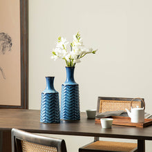Load image into Gallery viewer, Set of 2 Modern Brilliant Blue Chevron Ceramic Table Vases
