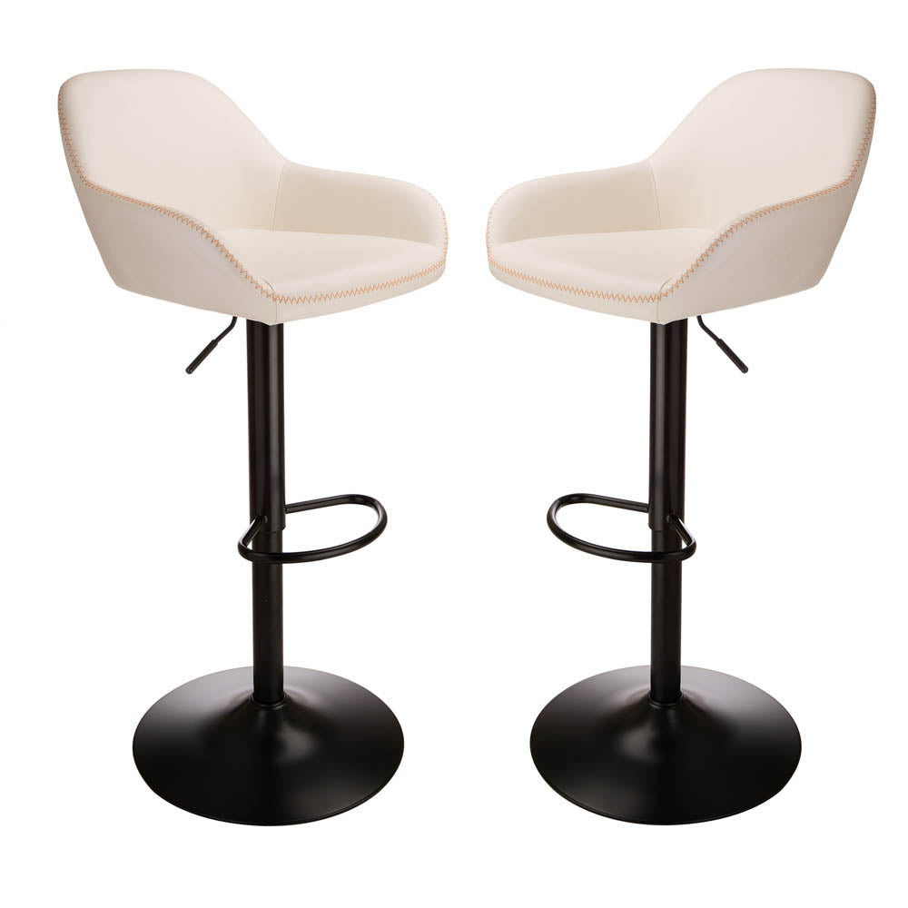 Mid-Century Coconut Milk White Leatherette Gaslift Adjustable Swivel Bar Stool, Set of 2
