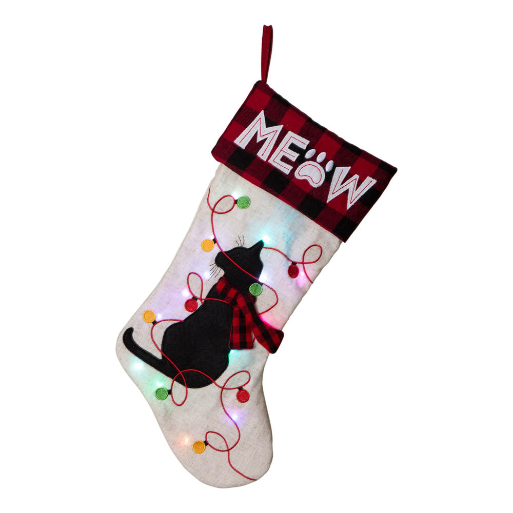 21''L LED Embroidered Linen Christmas Stocking - Cat