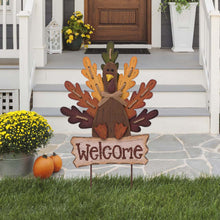 Load image into Gallery viewer, Burlap Wooden Autumn Turkey Welcome Sign or Yard Stake
