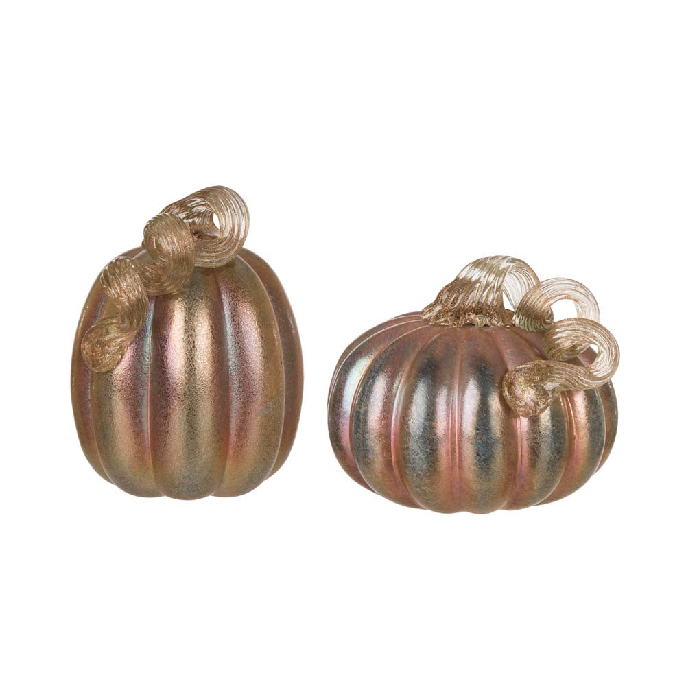 S/2 Blue/Gold Glittery Glass Pumpkin Decor