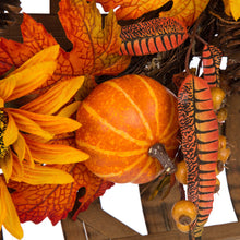 Load image into Gallery viewer, 24&quot;D Yellow/Orange Sunflower Wreath With 24&quot;L Vintage Natural Tobacco Basket
