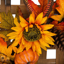 Load image into Gallery viewer, 24&quot;D Yellow/Orange Sunflower Wreath With 24&quot;L Vintage Natural Tobacco Basket
