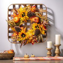 Load image into Gallery viewer, 24&quot;D Yellow/Orange Sunflower Wreath With 24&quot;L Vintage Natural Tobacco Basket
