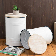 Load image into Gallery viewer, White Farmhouse Metal Enamel Storage Accent Table or Stool with Round Wood Lid, Set of 2
