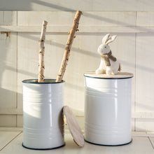 Load image into Gallery viewer, White Farmhouse Metal Enamel Storage Accent Table or Stool with Round Wood Lid, Set of 2
