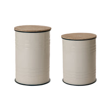 Load image into Gallery viewer, White Farmhouse Metal Enamel Storage Accent Table or Stool with Round Wood Lid, Set of 2
