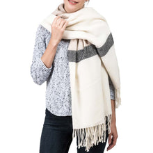 Load image into Gallery viewer, Women Oversized Cream and Black Stripe Scarf with Tassels
