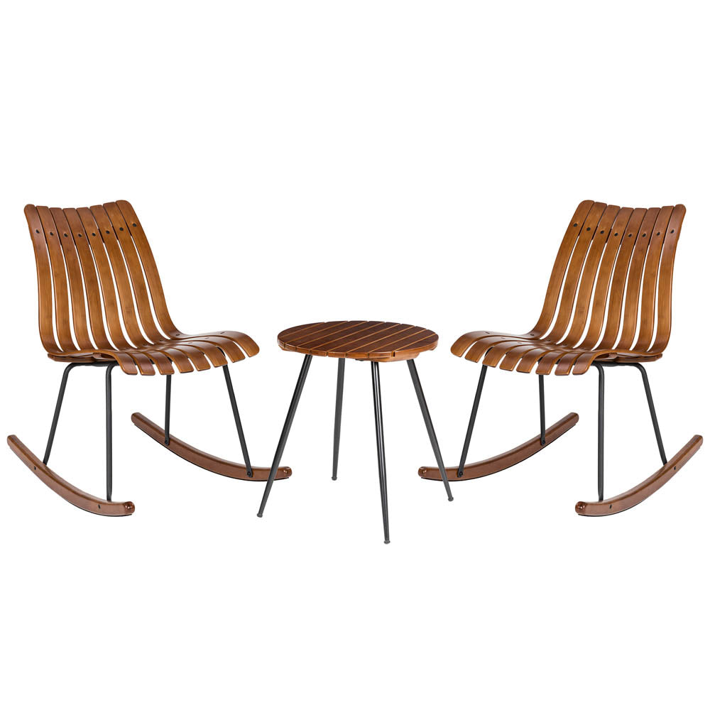 Two Bamboo Rocking Chairs and One Accent Table
