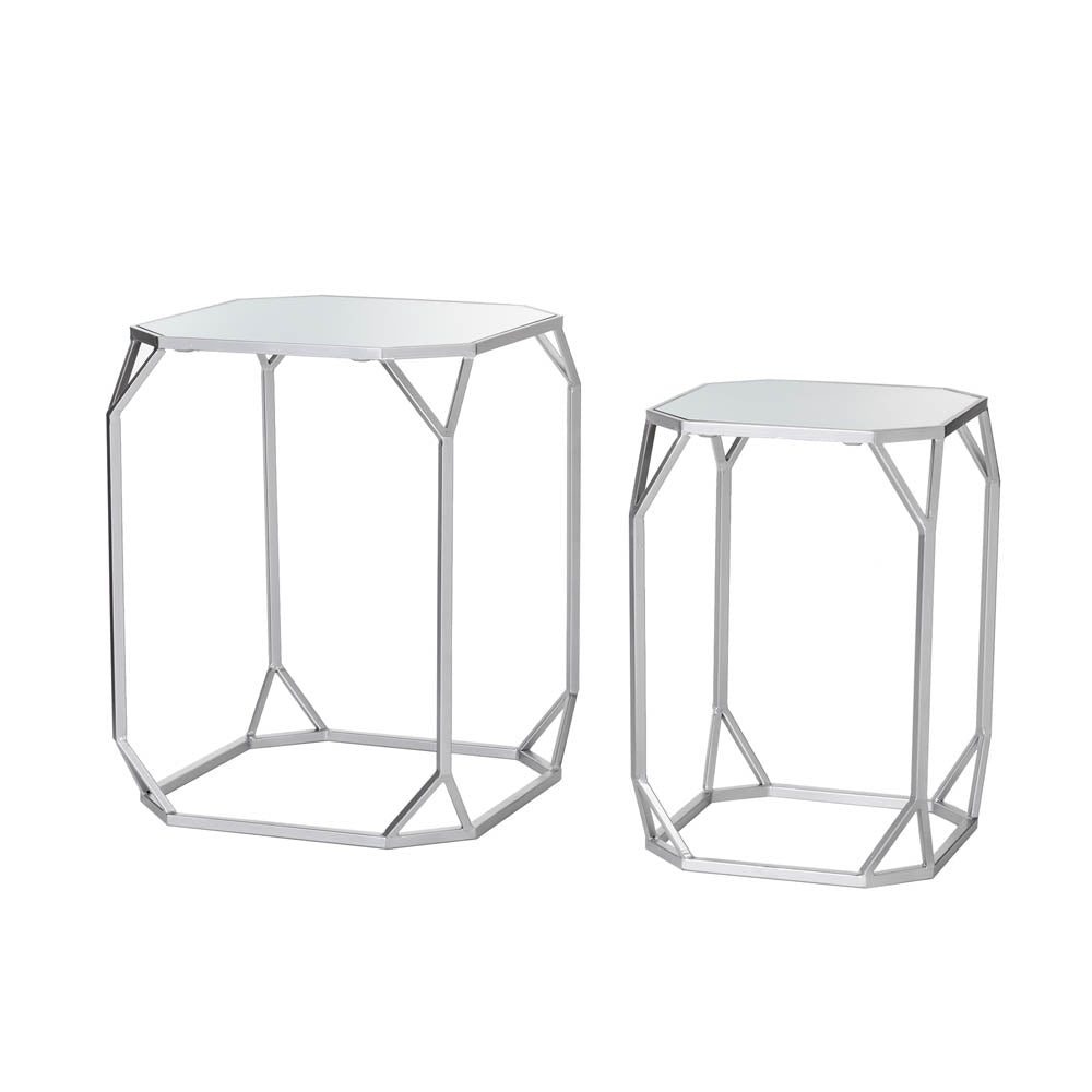 Silver Metal Nesting Side & End Accent Table with Glass Top, Set of 2