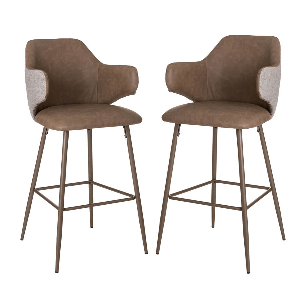 Dark Brown Mixing Leatherette/Gray Fabric Bar Stool with Back, Set of 2