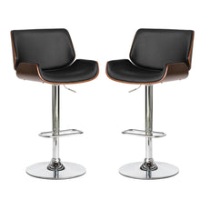 Load image into Gallery viewer, Mid-century Modern Black PU and Walnut Bentwood Adjustable Height Swivel Bar Stool, Set of 2

