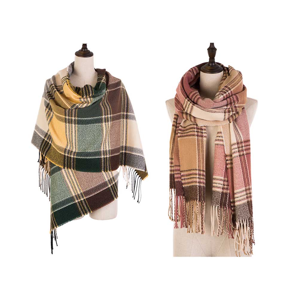 Oversized Fashion Multicolor Plaid Scarf with Tassels, Set of 2