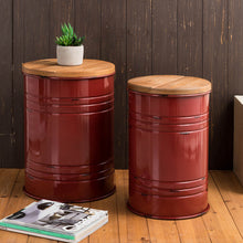 Load image into Gallery viewer, Red Metal Storage Accent Table or Stool with Solid Wood Lid, Set of 2
