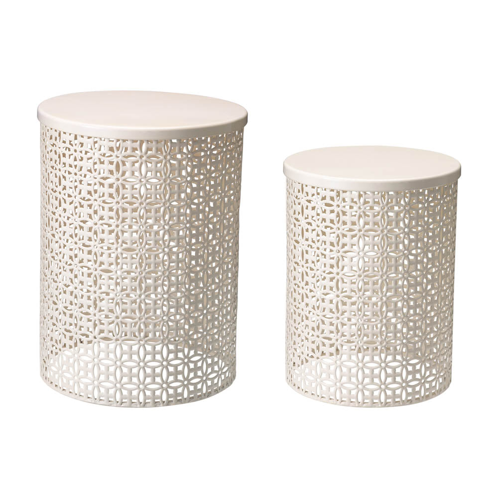 Set of 2 Cream White Metal Garden Stool or Plant Stand or Accent Table (Multi-functional)