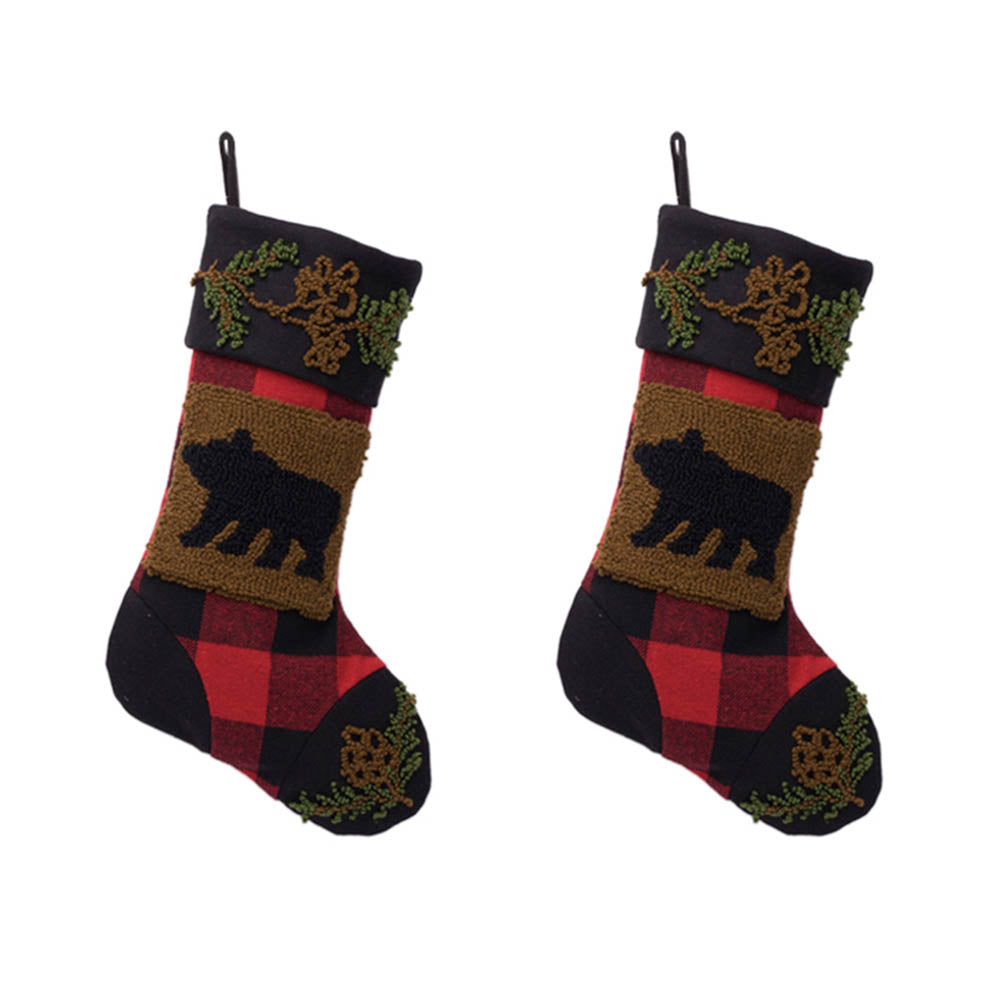 2PK Plaid Stocking w/Rug Hooked (Bear)