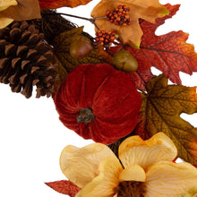 Load image into Gallery viewer, 22&quot;D Blooming Magnolia Wreath with Velvet Pumpkin and Pinecone
