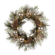 Load image into Gallery viewer, 24&quot;D LED Pre-Lit Greenery Berry Holly Pine cone Silver Ornament Wreath
