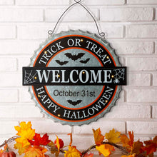 Load image into Gallery viewer, 14&quot;L Lighted Halloween WELCOME Metal Bottle Cap Wall Sign
